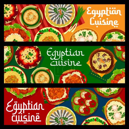 Illustration for Egyptian cuisine restaurant food banners, dishes and meals of Egypt, vector. Egyptian food couscous and pilaf rice with lamb, shurba al-lmma soup with meatballs and megaddara with lentils or chicken - Royalty Free Image