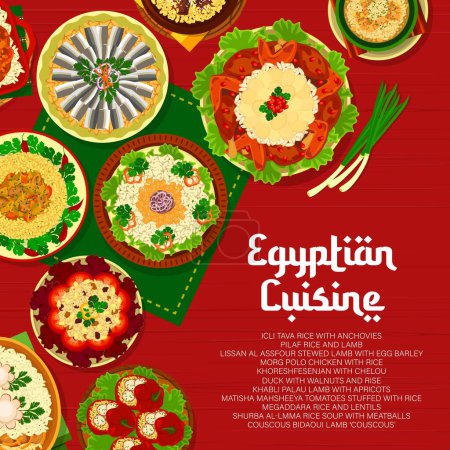 Téléchargez les illustrations : Couverture de menu de cuisine égyptienne, plats et repas égyptiens, affiche de restaurant vectoriel. Cuisine égyptienne cuisine traditionnelle d'orge cousceuse, riz pilaf à l'agneau et au poulet, lentilles et anchois - en licence libre de droit
