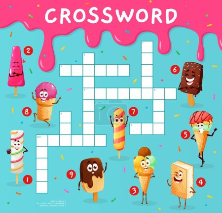 Illustration for Crossword quiz game grid, cartoon funny ice cream dessert characters. Vector find a word worksheet with kulfi, popsicle, scoops, sandwich and cone. Bar, ice sorbet and stick icecream personages - Royalty Free Image
