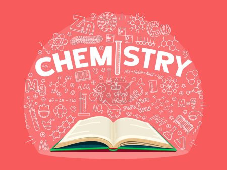 Illustration for Chemistry textbook, science formulas on school board. Vector scientific educational background with open book and thin line signs of chemical laboratory experiments, glass flasks, beakers and molecule - Royalty Free Image