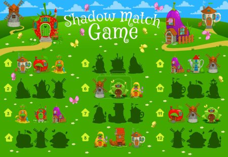 Illustration for Shadow match game fairytale magic houses and dwellings. Kids vector quiz or puzzle task worksheet with cartoon teacup, apple, pineapple and strawberry. Eggplant, windmill, cabbage or pear with boot - Royalty Free Image