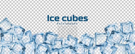 Ilustración de Fondo de cubos de hielo realista, marco de bloques de hielo de cristal. Borde vectorial 3d aislado de agua congelada transparente azul, vidrio o piezas sólidas heladas. Plantilla para anuncios de bebidas con bloques cuadrados limpios fila - Imagen libre de derechos