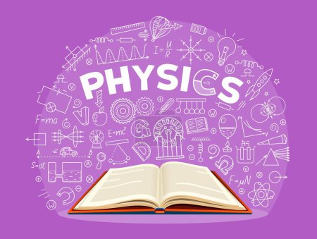 Illustration for Physics textbook, outline science formulas on school board. Vector scientific student educational background with open book and thin line signs of basic knowledge and discoveries, experiments and laws - Royalty Free Image