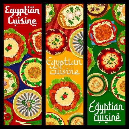 Illustration for Egyptian cuisine restaurant meals banners, food dishes of Egypt restaurant, vector. Egyptian cuisine traditional lunch and dishes of rice, couscous and lentils with lamb meat, chicken and anchovy - Royalty Free Image