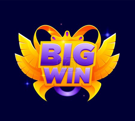 Illustration for Game win popup banner, achievement golden icon. Casino slot machine victory congrats badge, 2d arcade win vector screen or icon, mobile game app GUI popup banner. Gambling rank sign with golden wings - Royalty Free Image