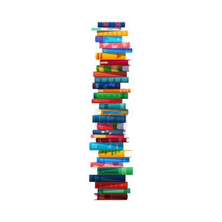 Illustration for High book stack, isolated vector pile of cartoon textbooks with colorful covers and variety of sizes and colors. Well organized neatly arranged and balanced literature heap for education and reading - Royalty Free Image