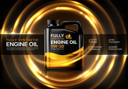 Illustration for Car engine motor oil lubricant vector advertisement background. Realistic 3d plastic canister promoting and showcasing its benefits and effectiveness in enhancing engine performance and longevity - Royalty Free Image