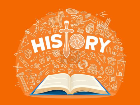 Illustration for History textbook, outline science symbols on school board. Vector scientific educational background, subject or class with open book and thin line signs of famous historical events and discoveries - Royalty Free Image