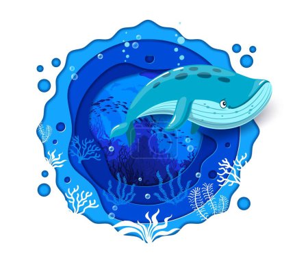 Cartoon blue whale and sea paper cut landscape with fish shoal and seaweeds. Vector marine animals, ocean water waves, coral reef plants and bubbles background in wavy frame of 3d papercut layers