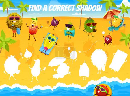 Téléchargez les illustrations : Trouvez une ombre correcte de personnages de fruits de dessin animé sur la plage d'été. Fiche de jeu vectoriel enfant avec durian, papaye, figues, carambole ou poire. Feijoa, prune et mellon relaxant sur l'énigme préscolaire au bord de la mer - en licence libre de droit
