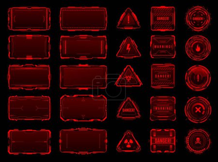 Illustration for HUD red danger and warning interface frames. Sci-Fi user interface display or message vector frame. Future dashboard panel, electricity strike alert, contamination hazard, dangerous area warning sign - Royalty Free Image