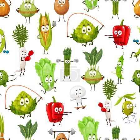 Ilustración de Personajes de dibujos animados vegetales en forma. Patrón sin fisuras con verduras felices ir a los deportes. Estampado textil con divertidos personajes de rábano, ensalada y romanesco, nabo, maíz y pimienta - Imagen libre de derechos