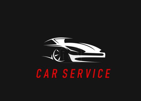 Illustration for Car repair mechanic and maintenance service icon. Vehicle mechanic, automobile service or restoration garage station, spare parts store vector icon or symbol with modern sport car white silhouette - Royalty Free Image