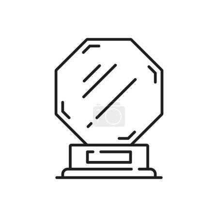 Illustration for Trophy award, glass crystal statuette vector line icon of winner prize reward. Victory award for best success or goal achievement and number one place, crystal glass plaque trophy award on podium base - Royalty Free Image