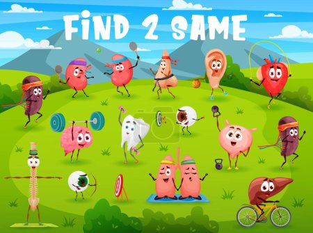 Illustration for Find two same cartoon funny human organs sportsman characters, vector quiz game. Kids puzzle to find same kidney on sport, heart in fitness and brain with gym barbell or ear playing basketball - Royalty Free Image