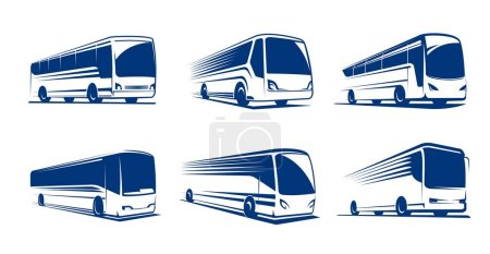 Illustration for Travel bus icons, tour transport or public transportation service, vector emblems. Tourism or passenger travel trip bus icon for, city coach van station or airport express transfer or shuttle bus - Royalty Free Image