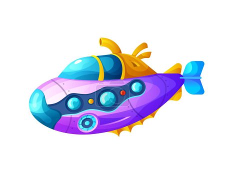 Ilustración de Submarino de dibujos animados con periscopio o barco bathyscaphe, vector barco de mar submarino. Juguete submarino para juego de fantasía oceánica, submarino o barco submarino de dibujos animados con ojos de buey y hélice - Imagen libre de derechos