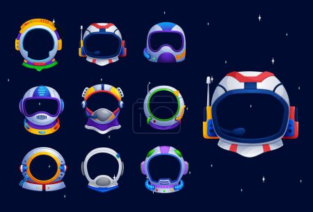 Illustration for Kids astronaut space helmets, photo booth prop vector mockups. Cartoon spaceman helmets, astronaut space suit masks with antennas, microphones and oxygen tubes photo booth frames for kids party - Royalty Free Image