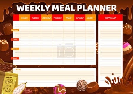 Illustration for Weekly meal planner. Cocoa and chocolate praline and fudge, souffle, truffle and jelly, hazelnut candy bonbon or nutrition organizer or timetable, meal weekly vector journal or diet planner template - Royalty Free Image