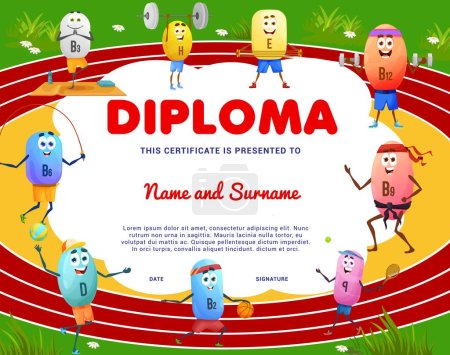Illustration for Kids diploma, cartoon vitamin characters on sport arena, vector certificate award. School or kindergarten diploma award with funny vitamins in sport activity, play basketball or on fitness and gym - Royalty Free Image