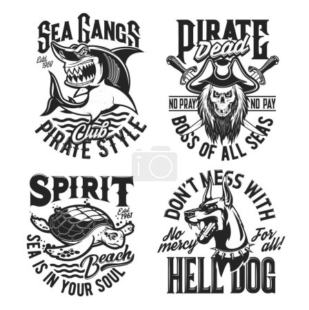Illustration for Shark, turtle, doberman and pirate captain skull mascots, vector t-shirt prints. Sea sport club, ocean marine adventure team or summer beach travel badges for T shirt prints with slogans - Royalty Free Image