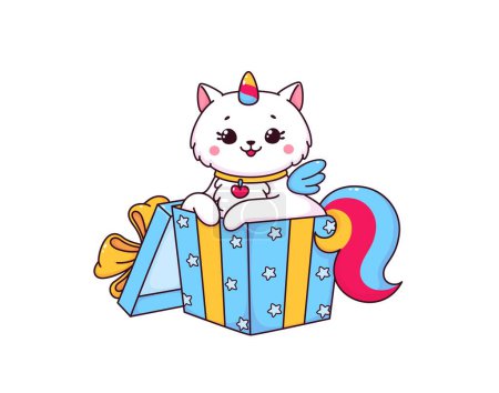 Illustration for Cartoon caticorn in gift box, vector character of cute unicorn cat or kitty with magic rainbow tail, horn and angel wings. Kawaii caticorn personage of happy white pet animal in festive present box - Royalty Free Image