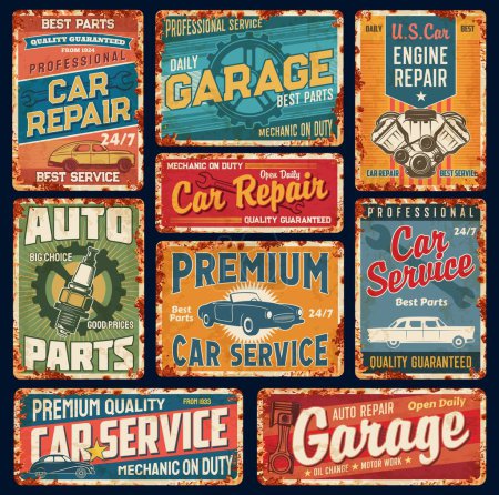 Illustration for Vintage car repair service rusty plates. Mechanic garage station and auto repair shop vector retro signs with grunge texture. Classic car, vehicle engine piston, spark plug and gear old tin banners - Royalty Free Image
