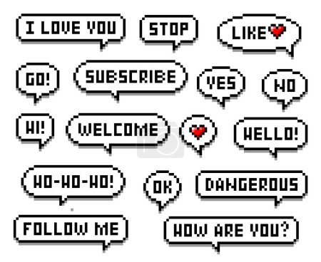 Illustration for Pixel speech bubble messages. Like, subscribe, follow social media web interface buttons or banners, 8bit game arcade GUI speech bubble or dialogue balloon pixelated vector icons or pictograms set - Royalty Free Image