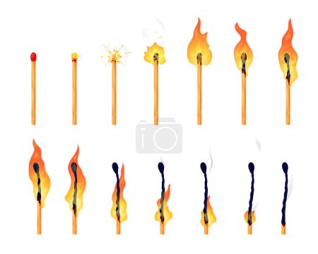 Illustration for Burning match animation. Cartoon matchstick red sulfur head ignite spark, blazing hot flame movement and match burned wood smoke motion isolated vector animation sequence or loop - Royalty Free Image