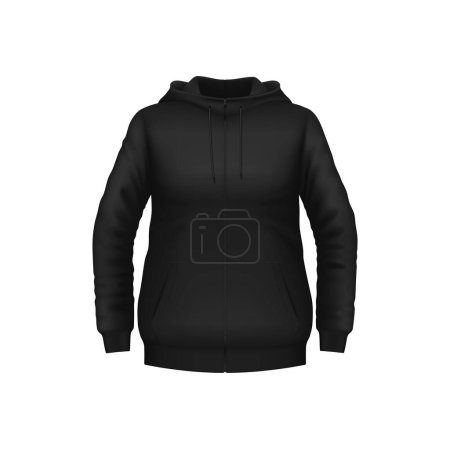Illustration for Hoodie, black sweatshirt realistic 3d vector mockup. Casual clothes for women front view template. Isolated hoody with long sleeves, kangaroo pocket and drawstrings. Modern teenage fashion, mock up - Royalty Free Image