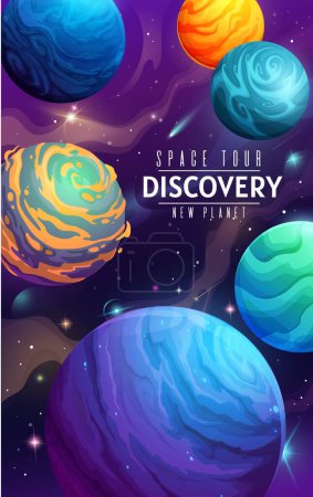 Illustration for Cartoon galaxy, outer space alien planets poster. Galaxy travel, cosmos adventure or space flight vector flyer. Astronomy discovery poster or leaflet with fantastic planets, comets in outer space - Royalty Free Image