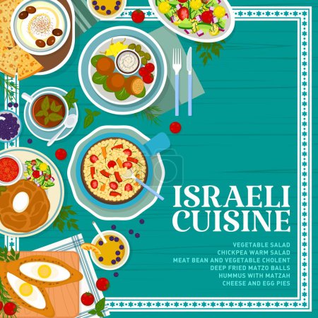 Illustration for Israeli cuisine meals menu cover template. Cheese and egg pies, deep fried matzo balls and meat bean and vegetable cholent, hummus with matzah, vegetable salad and chickpea salad, lemonade, black tea - Royalty Free Image
