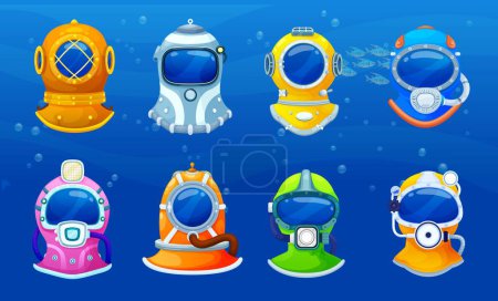 Téléchargez les illustrations : Casques de plongée ou masques d'aqualung sous-marins, photomaton vectoriel ou effets de chat vidéo. Casques de plongée rétro aqualung de plongeur pour effet visage app ou cadre photobooth dans l'application mobile - en licence libre de droit