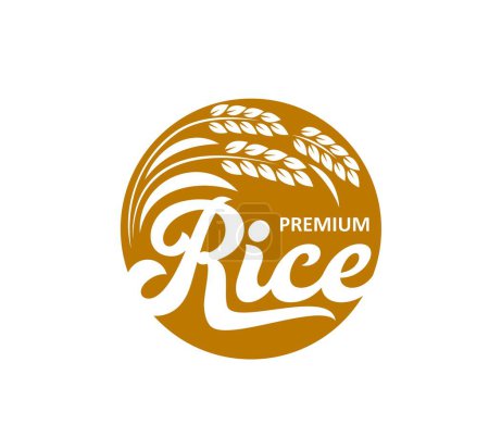 Illustration for Rice icon premium with spikelets and seeds. Isolated vector agricultural emblem for grain cereal production. Round light brown and white label for natural, organic groat products and healthy food - Royalty Free Image