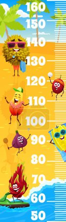 Illustration for Kids height chart ruler cartoon fruits characters on summer beach. Vector growth meter for children with durian, papaya, plum, figs, dragon or star fruit personages relax at seaside, wall sticker - Royalty Free Image