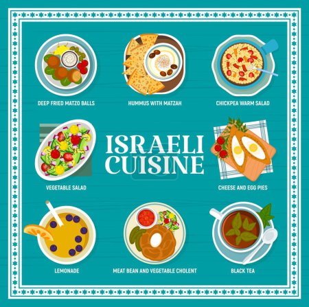 Illustration for Israeli cuisine food menu page. Deep fried matzo balls, hummus with matzah and chickpea warm salad, meat bean and vegetable cholent, vegetable salad and cheese and egg pies, lemonade, black tea - Royalty Free Image