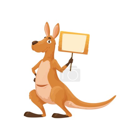 Illustration for Cartoon kangaroo character with sign board. Isolated vector funny wallaby holding wooden banner on stick. Australian national marsupial animal personage with announcement. Smiling comic wallaroo - Royalty Free Image