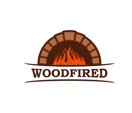 Illustration for Fireplace, firewood chimney and hearth icon with fire flames on wood, vector hot oven furnace symbol. Pizza, food restaurant or grill bar and bakery sign of fireplace and firewood with chimney - Royalty Free Image