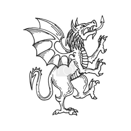 Ilustración de Bosquejo de dragón medieval heráldico, animal de fantasía o monstruo mítico, símbolo de heráldica vectorial. Dragón rampante heráldico con alas y garras, bestia criatura de fantasía medieval para escudo de armas o heráldica - Imagen libre de derechos