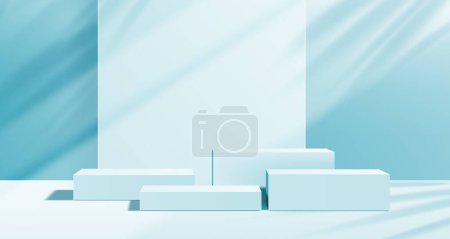 Téléchargez les illustrations : Plates-formes podium bleu, 3d vecteur réaliste carré multiple piédestaux maquette pour les présentations de produits cosmétiques dans un design moderne minimaliste. Vitrine professionnelle pour événements marketing et branding - en licence libre de droit