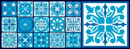 Illustration for Moroccan and azulejo tile patterns. Majolica, talavera, damask ornament. Mediterranean ethnic wallpaper or Moroccan mosaic vector backdrop, ceramic tile, textile azulejo pattern, floor or wall decor - Royalty Free Image