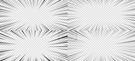 Illustration for Manga transparent background with vector effects of comic action lines and anime speed radial rays. Cartoon manga flash light, boom or burst, blast, bang or explosion line frames set - Royalty Free Image