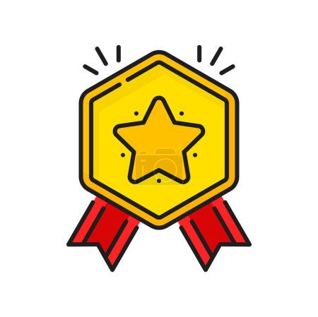 Illustration for Quality guarantee medal with rank star and ribbon vector icon. Customer satisfaction rating award, best product reward, trophy or prize. Premium quality warranty certificate seal isolated line symbol - Royalty Free Image