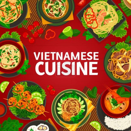 Ilustración de Cubierta de menú cocina vietnamita, platos de comida asiática y comidas de Vietnam, vector. Menú de restaurante vietnamita con arroz y fideos o sopa pho con pollo y camarones, albóndigas al vapor de cerdo y bollos - Imagen libre de derechos