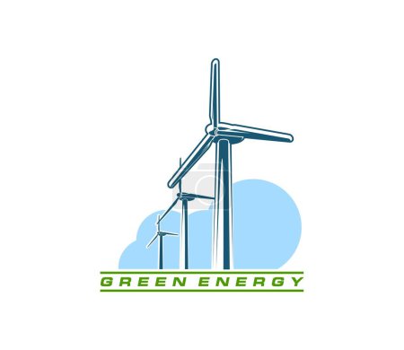 Ilustración de Icono de turbina eólica de energía verde, producción de energía y electricidad, signo vectorial. Tecnología de la innovación ecológica y emblema de la industria de energía renovable de las turbinas eólicas o las torres generadoras de electricidad - Imagen libre de derechos