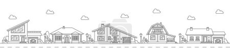 Illustration for Neighborhood line art outline village or town house buildings. Town real estate property buildings panoramic view, neighborhood cottage houses and dwellings thin line vector background or concept - Royalty Free Image