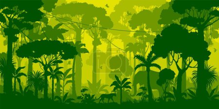 Téléchargez les photos : Silhouette de forêt de jungle, fond de forêt tropicale. Décors de forêt amazonienne, environnement de jungle africaine ou brésilienne en toile de fond vectoriel, papier peint avec palmiers, lianes, jaguar et animaux d'éléphants silhouettes - en image libre de droit
