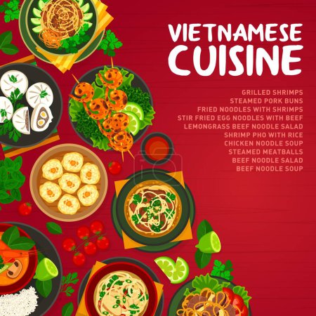 Illustration for Vietnamese cuisine menu cover with food dishes and meals of noodles and rice, vector. Vietnamese restaurant menu with pho soup, steamed pork buns and meatballs or stir fried noodles with beef - Royalty Free Image