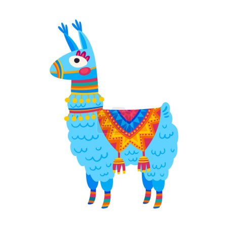 Téléchargez les illustrations : Mignon lama alpaga avec tapis design mexicain, guanaco à sabots. Alpaga ou lama bleu vecteur, personnage de dessin animé de guanaco lama sauvage, moutons de montagne - en licence libre de droit