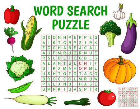 Illustration for Raw farm vegetables word search puzzle game worksheet. Vector quiz grid and education riddle with cartoon veggies. Word maze in frame of pepper, tomato, broccoli and garlic, asparagus, radish, pumpkin - Royalty Free Image